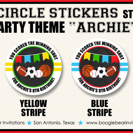 Sports Birthday Party Stickers Circle Sheet Round Chalkboard Game Boogie Bear Invitations Archie Theme