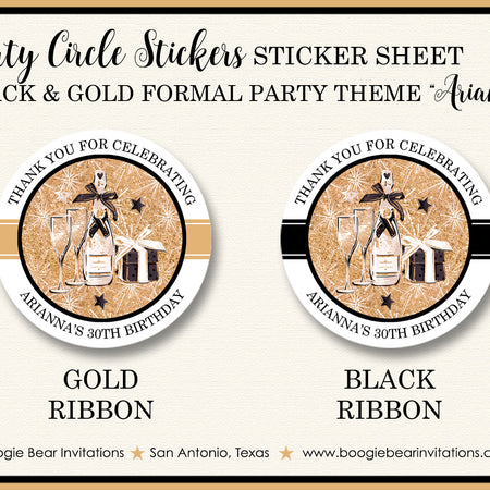 Black Gold Formal Party Stickers Circle Sheet Round Birthday New Years Eve Boogie Bear Invitations Arianna Theme
