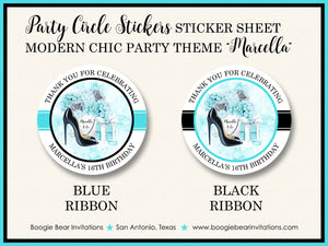 Fashion Chic Party Stickers Circle Sheet Round Birthday Aqua Blue Boogie Bear Invitations Marcella Theme