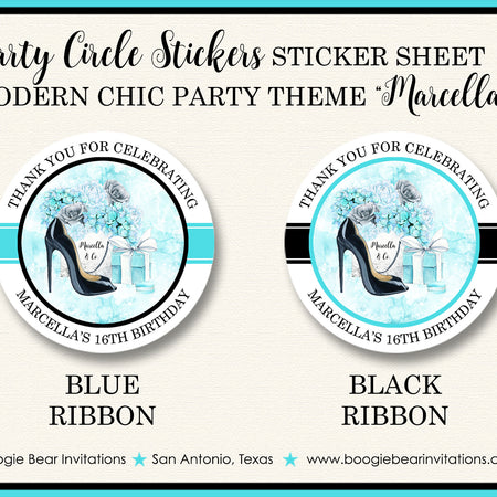 Fashion Chic Party Stickers Circle Sheet Round Birthday Aqua Blue Boogie Bear Invitations Marcella Theme