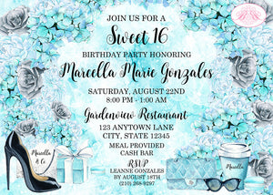 Fashion Chic Blue Birthday Party Invitation Aqua Black Boogie Bear Invitations Marcella Theme Paperless Printable Printed