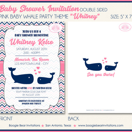 Pink Navy Whale Baby Shower Invitation Girl Boogie Bear Invitations Whitney Theme Paperless Printable Printed