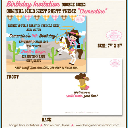 Cowgirl Wild West Birthday Party Invitation Girl Boogie Bear Invitations Clementine Theme Paperless Printable Printed