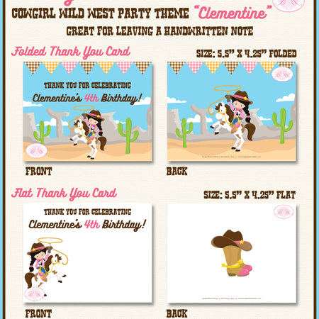 Cowgirl Wild West Party Thank You Card Birthday Country Girl Boogie Bear Invitations Clementine Theme Printed