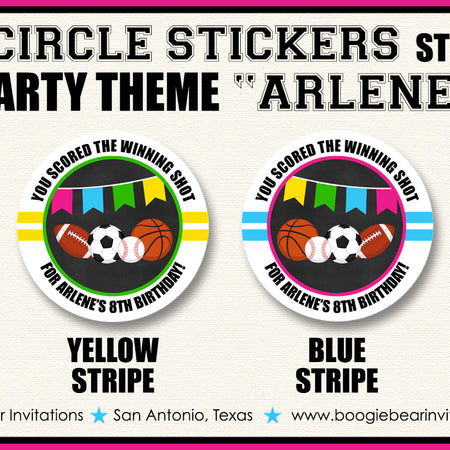 Sports Birthday Party Stickers Circle Sheet Round Chalkboard Pink Girl Game Boogie Bear Invitations Arlene Theme