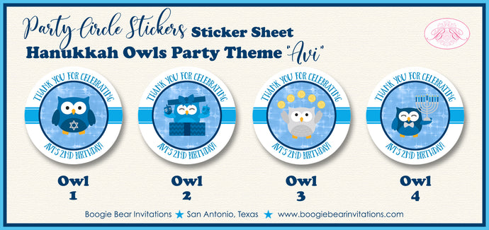 Hanukkah Owls Birthday Party Stickers Circle Sheet Round Blue Boogie Bear Invitations Avi Theme