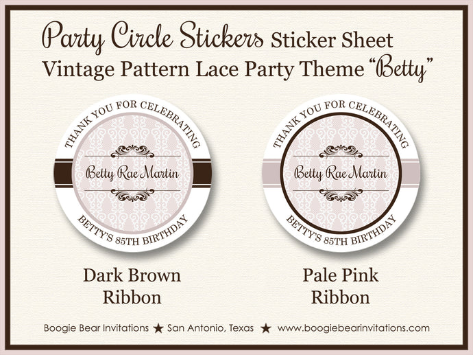 Vintage Lace Party Stickers Circle Sheet Round Birthday Antique Boogie Bear Invitations Betty Theme