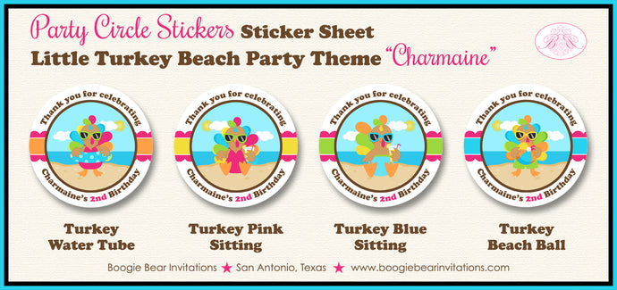Little Turkey Birthday Party Stickers Circle Sheet Round Pink Beach Boogie Bear Invitations Charmaine Theme
