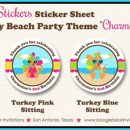Little Turkey Birthday Party Stickers Circle Sheet Round Pink Beach Boogie Bear Invitations Charmaine Theme