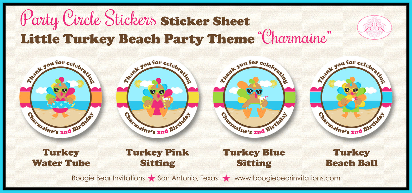 Little Turkey Birthday Party Stickers Circle Sheet Round Pink Beach Boogie Bear Invitations Charmaine Theme