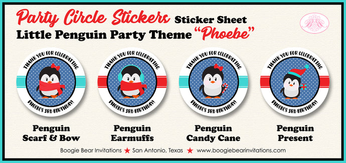 Winter Penguin Birthday Party Stickers Circle Sheet Round Little Christmas Boogie Bear Invitations Phoebe Theme