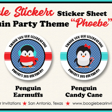 Winter Penguin Birthday Party Stickers Circle Sheet Round Little Christmas Boogie Bear Invitations Phoebe Theme