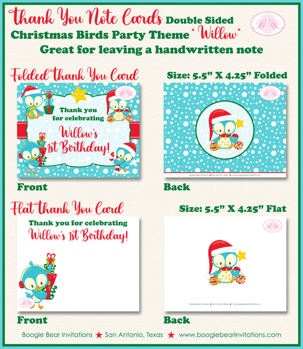 Christmas Birds Party Thank You Cards Birthday Winter Woodland Forest Snowflake Snowing Snow Boogie Bear Invitations Willow Theme Printed