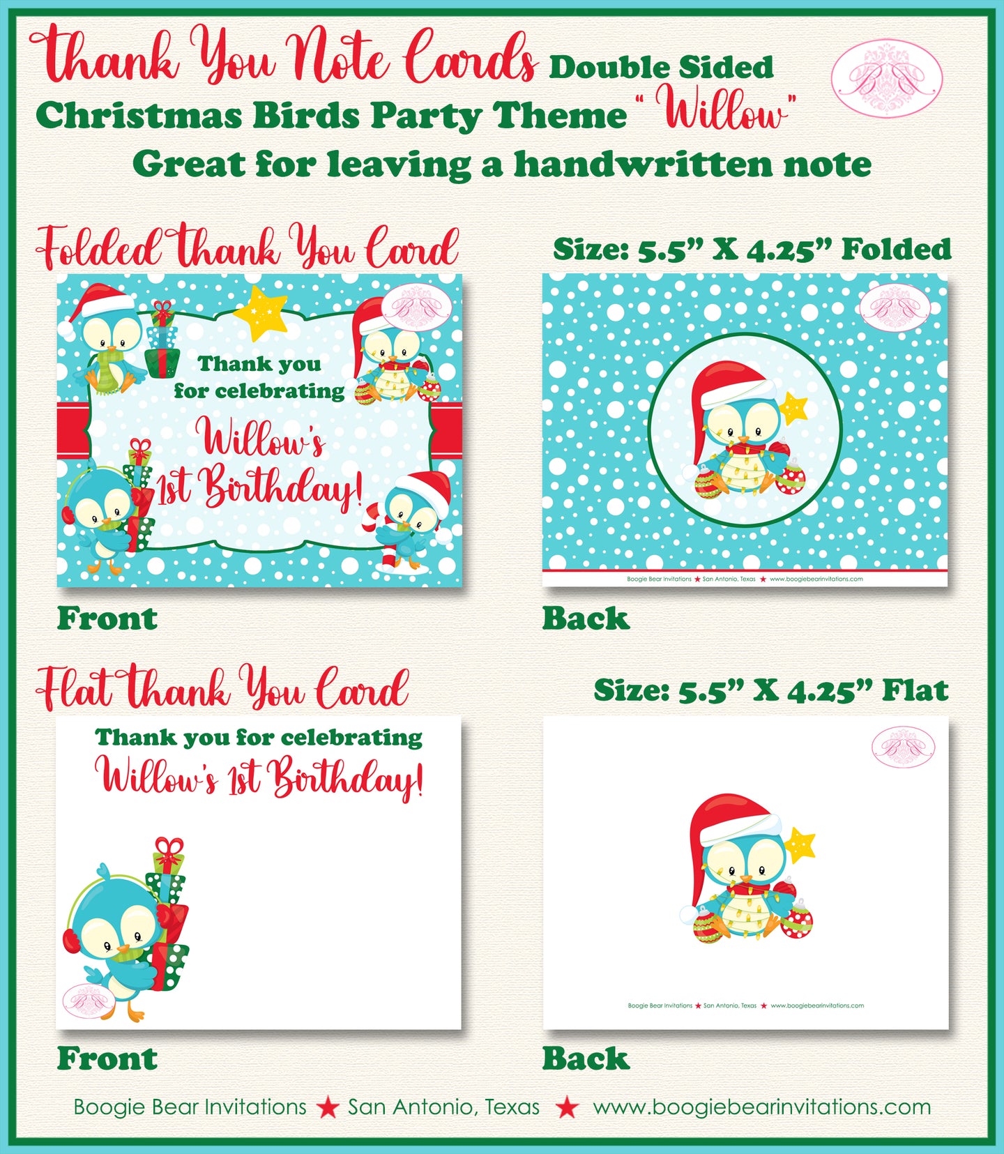 Christmas Birds Party Thank You Cards Birthday Winter Woodland Boogie Bear Invitations Willow Theme Printed