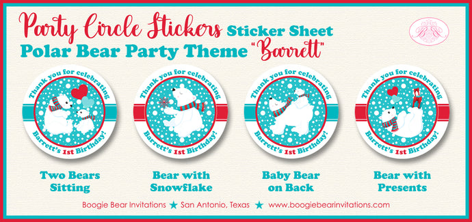 Polar Bear Party Stickers Circle Sheet Birthday Tag Winter Christmas Boogie Bear Invitations Barrett Theme
