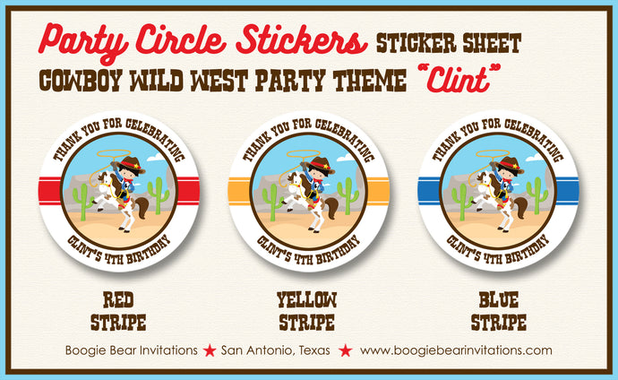 Cowboy Wild West Birthday Party Stickers Circle Sheet Round Country Boy Boogie Bear Invitations Clint Theme