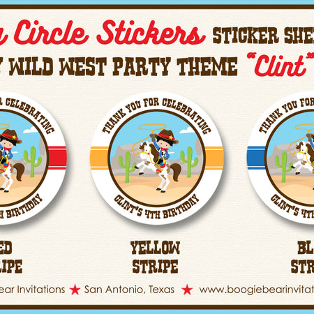 Cowboy Wild West Birthday Party Stickers Circle Sheet Round Country Boy Boogie Bear Invitations Clint Theme