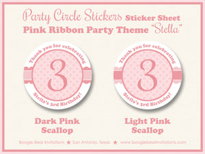 Pink Ribbon Party Circle Stickers Sheet Round Birthday Elegant Girl Boogie Bear Invitations Stella Theme