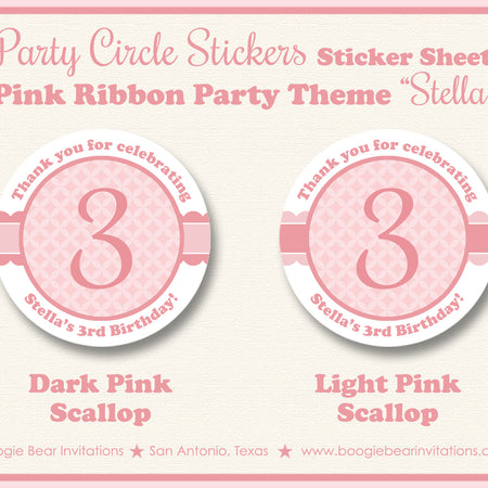 Pink Ribbon Party Circle Stickers Sheet Round Birthday Elegant Girl Boogie Bear Invitations Stella Theme