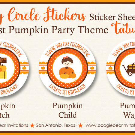 Pumpkin Harvest Birthday Party Stickers Circle Sheet Round Circle Fall Autumn Boogie Bear Invitations Tatum Theme