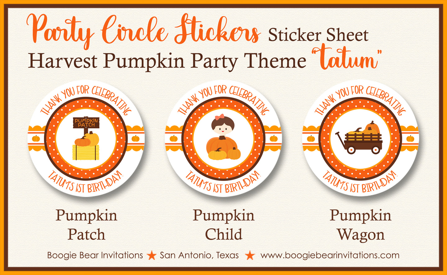 Pumpkin Harvest Birthday Party Stickers Circle Sheet Round Circle Fall Autumn Boogie Bear Invitations Tatum Theme