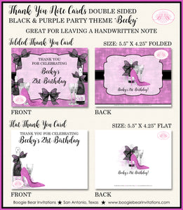 Black Purple Party Thank You Cards Birthday Champagne High Heel Shoes Fashion Chic Fashionista Boogie Bear Invitations Becky Theme Printed