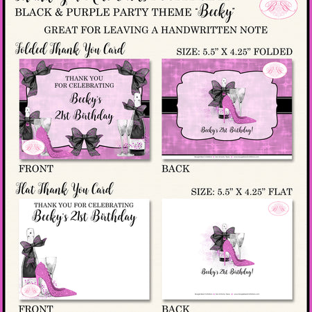 Black Purple Party Thank You Cards Birthday Champagne High Heel Shoes Fashion Chic Fashionista Boogie Bear Invitations Becky Theme Printed
