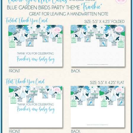 Bird Flower Garden Party Thank You Card Baby Shower Birdcage Blue Boy Boogie Bear Invitations Frankie Theme