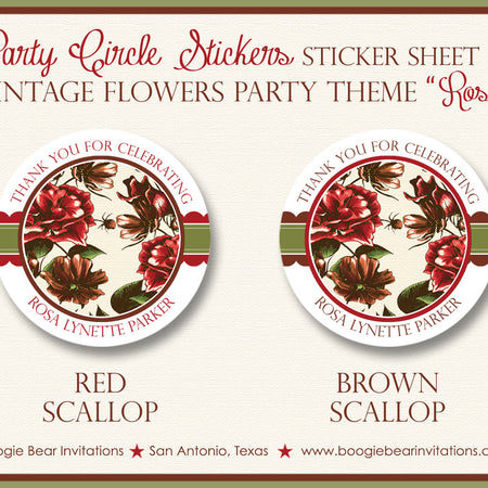 Rose Garden Birthday Party Stickers Circle Sheet Round Vintage Flowers Boogie Bear Invitations Rosa Theme