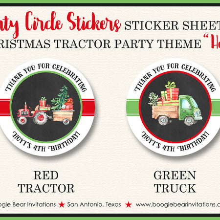 Christmas Tractor Birthday Party Stickers Circle Sheet Round Circle Truck Chalkboard Boogie Bear Invitations Hoyt Theme