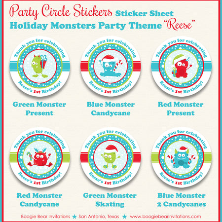 Christmas Monsters Party Circle Stickers Birthday Winter Boogie Bear Invitations Reese Theme
