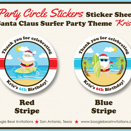 Santa Claus Surfer Birthday Party Stickers Circle Sheet Beach Christmas Boogie Bear Invitations Kris Theme