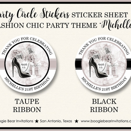 Fashion Chic Party Stickers Circle Sheet Round Birthday High Heels Shoes Black Boogie Bear Invitations Michelle Theme