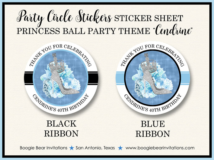 Princess Ball Party Stickers Circle Sheet Round Birthday Blue Crown Cinderella Boogie Bear Invitations Cendrine Theme