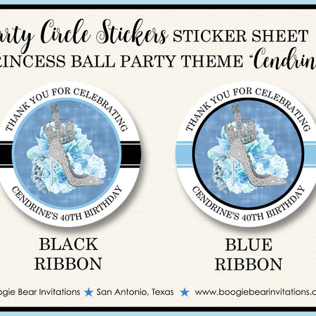 Princess Ball Party Stickers Circle Sheet Round Birthday Blue Crown Cinderella Boogie Bear Invitations Cendrine Theme