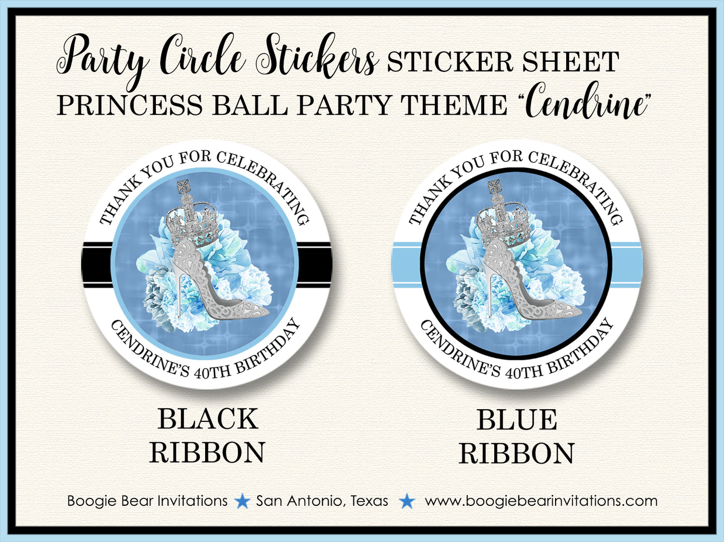Princess Ball Party Stickers Circle Sheet Round Birthday Blue Crown Cinderella Boogie Bear Invitations Cendrine Theme