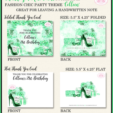 Fashion Chic Party Thank You Cards Birthday Green Black Heels Shoes Boogie Bear Invitations Colleen Theme Printed