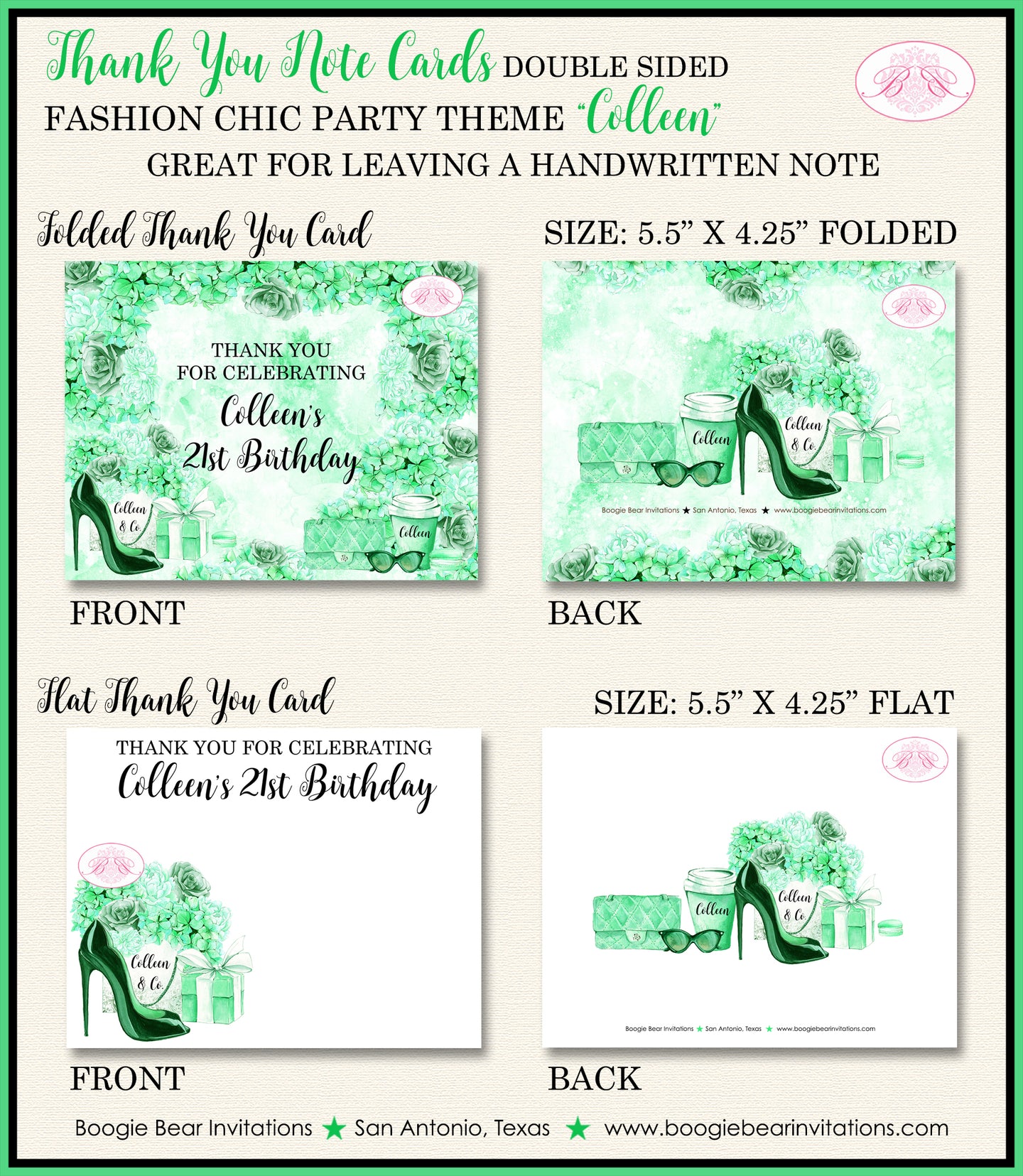 Fashion Chic Party Thank You Cards Birthday Green Black Heels Shoes Boogie Bear Invitations Colleen Theme Printed
