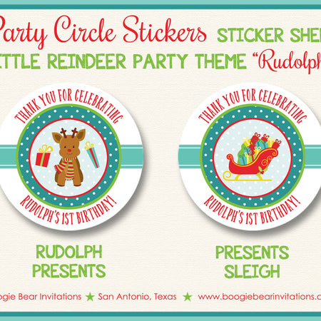 Little Reindeer Birthday Party Stickers Circle Sheet Round Circle Winter Christmas Boogie Bear Invitations Rudolph Theme