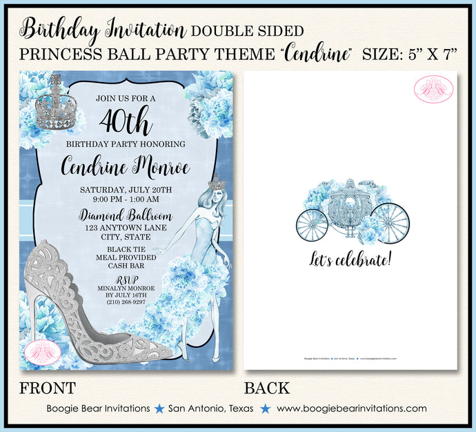 Princess Ball Birthday Party Invitation Blue Cinderella Crown Boogie Bear Invitations Cendrine Theme Paperless Printable Printed