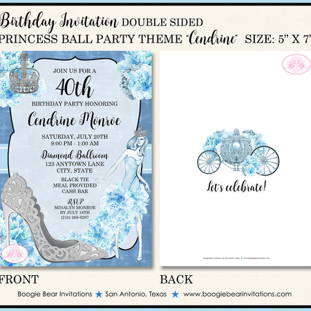 Princess Ball Birthday Party Invitation Blue Cinderella Crown Boogie Bear Invitations Cendrine Theme Paperless Printable Printed