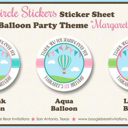Hot Air Balloon Party Stickers Circle Sheet Round Birthday Pink Girl Boogie Bear Invitations Margaret  Theme