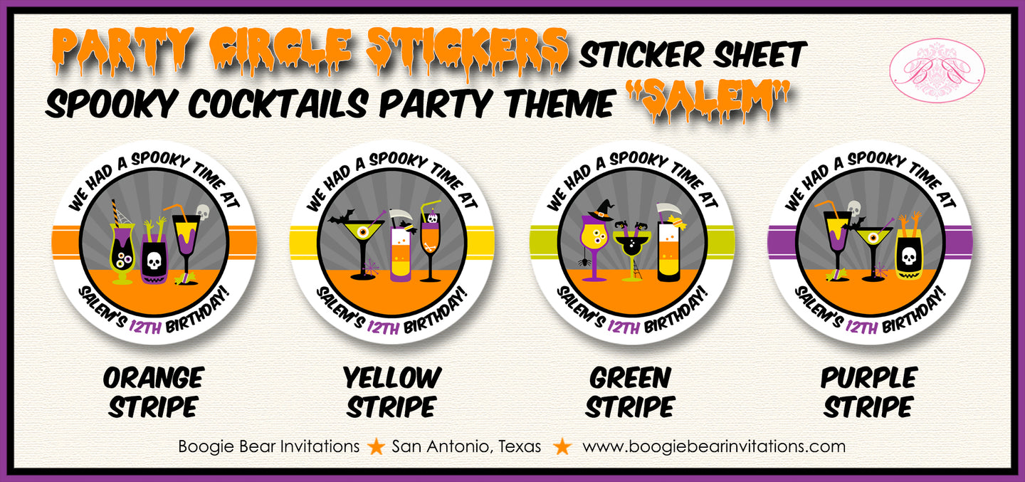 Spooky Cocktails Party Circle Stickers Birthday Halloween Boogie Bear Invitations Salem Theme