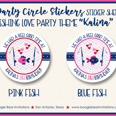 Fishing Girl Birthday Party Stickers Circle Sheet Round Pink Boogie Bear Invitations Kalina Theme