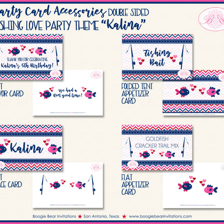 Fishing Girl Birthday Favor Party Card Tent Place Food Appetizer Folded Tag Pink Boogie Bear Invitations Kalina Theme