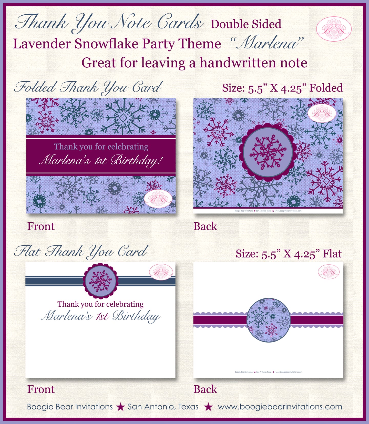 Winter Snowflake Thank You Card Birthday Party Purple Christmas Boogie Bear Invitations Marlena Theme Printed