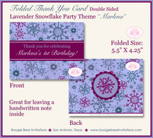 Load image into Gallery viewer, Winter Snowflake Thank You Card Birthday Party Purple Christmas Boogie Bear Invitations Marlena Theme Printed