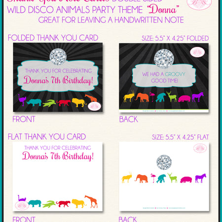 Disco Wild Animals Thank You Card Birthday Party Dance Zoo Boogie Bear Invitations Donna Theme Printed