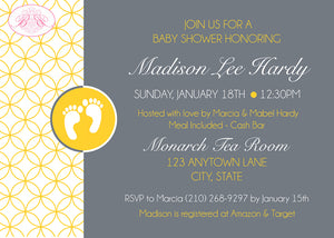 Yellow Grey Footprints Baby Shower Invitation Boogie Bear Invitations Madison Theme Paperless Printable Printed