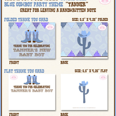 Blue Cowboy Party Thank You Card Baby Shower Boots Hat Boogie Bear Invitations Tanner Theme Printed